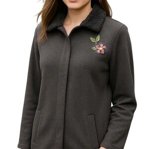 J.Jill Womens Chocolate Brown Sherpa Collar Jacket Embroidered Flower Sz L Snaps